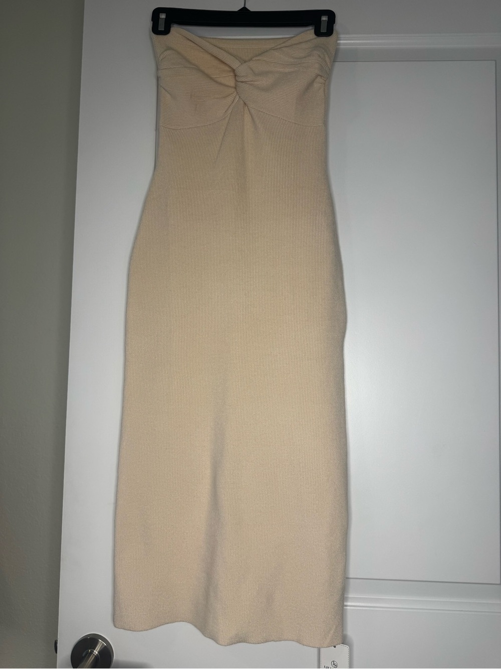 Strapless Twist-Front Knit Midi Dress — Cream